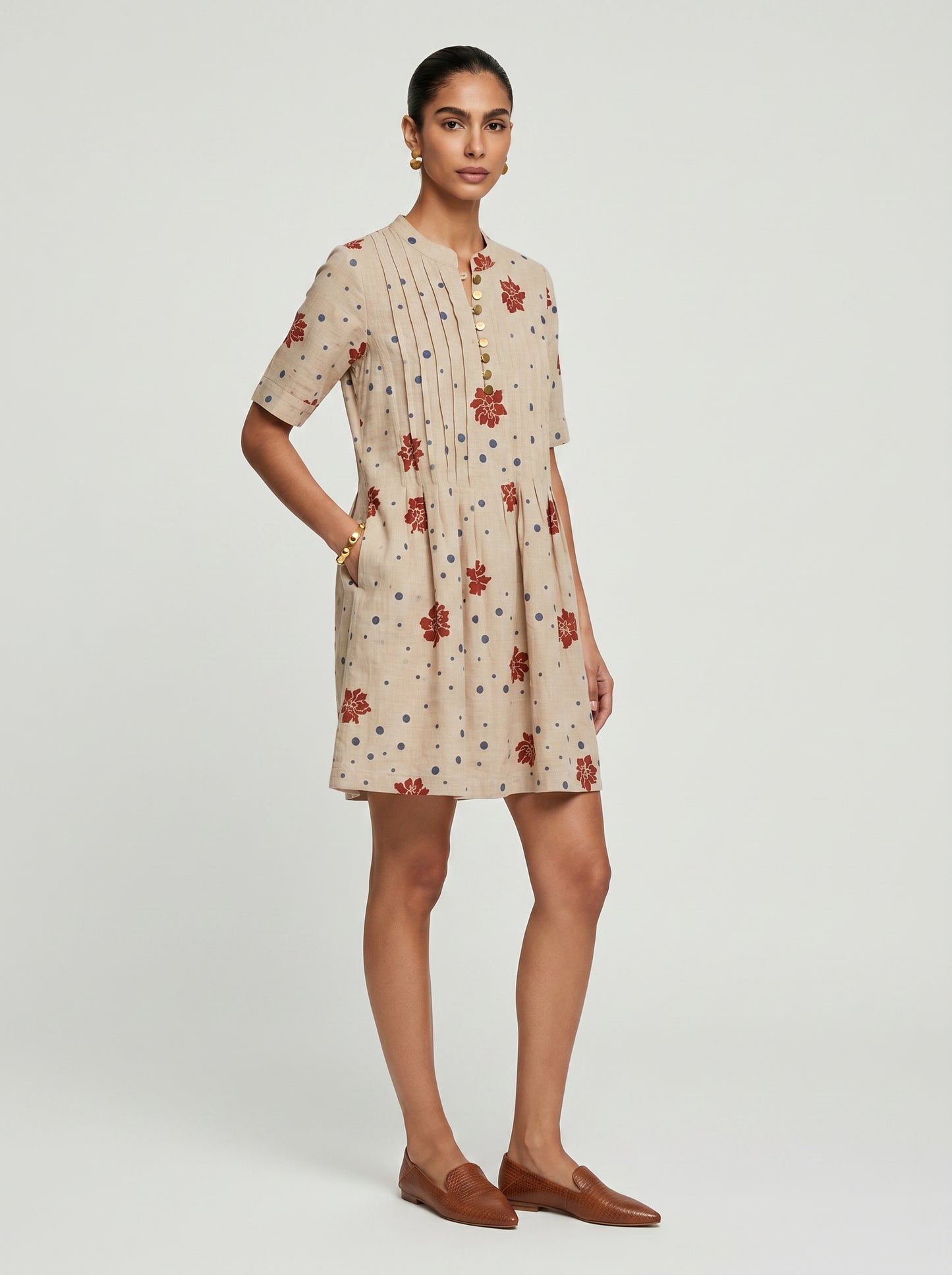 Ivy Beige Cotton Dress with Sleeves