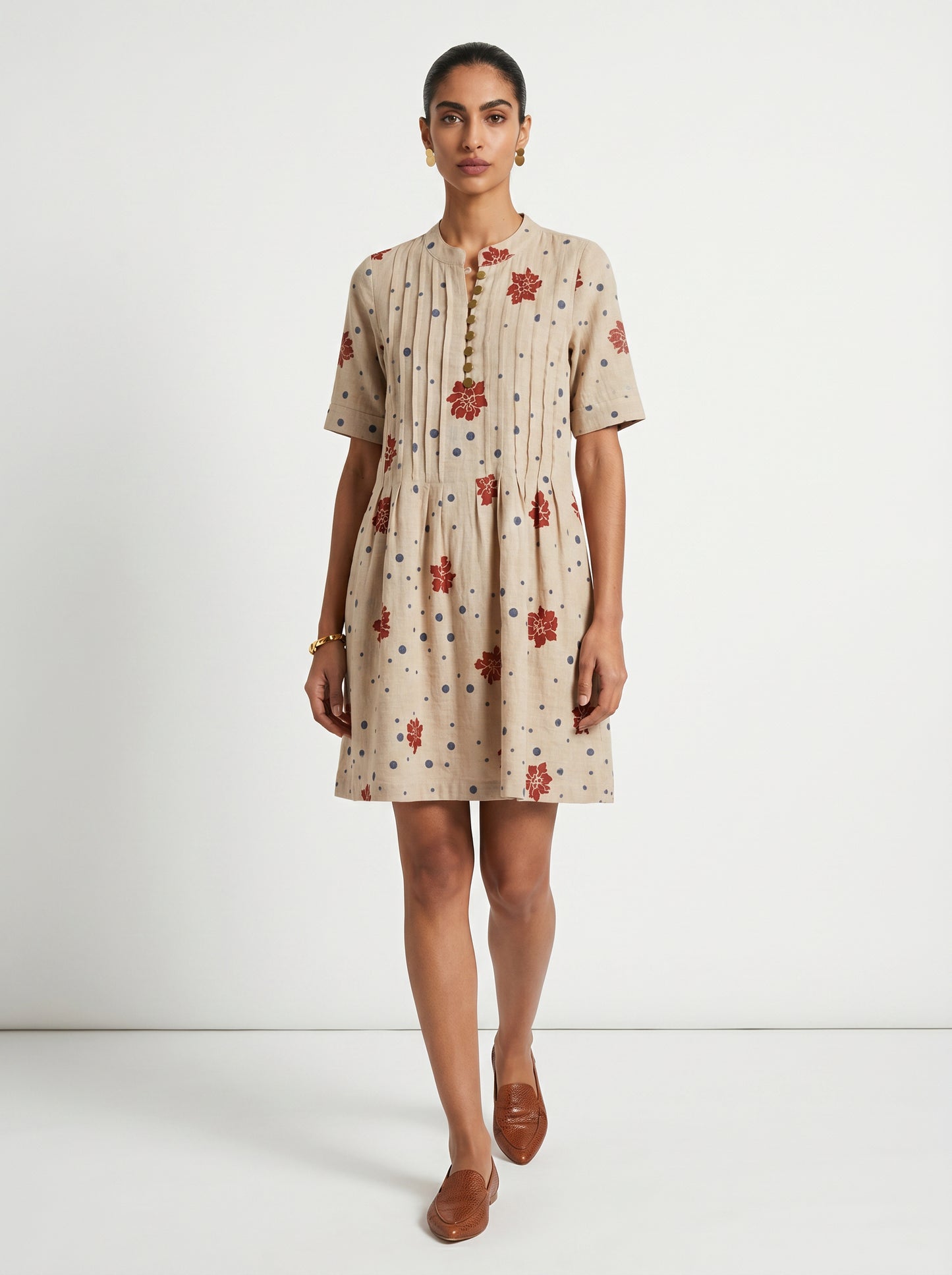 Ivy Beige Cotton Dress with Sleeves