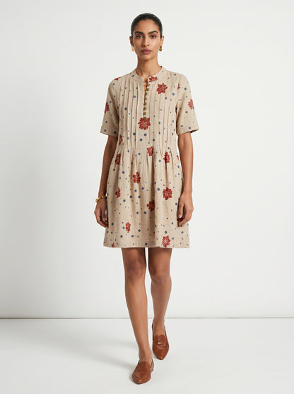 Ivy Beige Cotton Dress with Sleeves