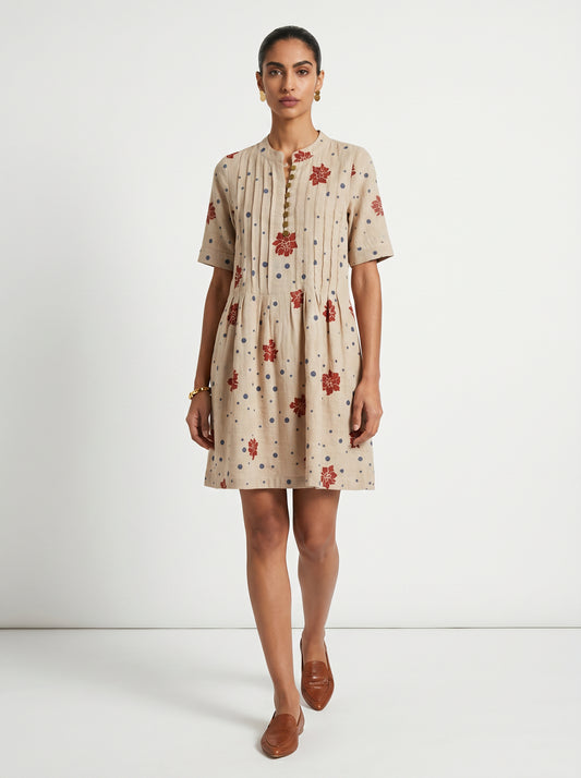 Ivy Beige Cotton Dress with Sleeves