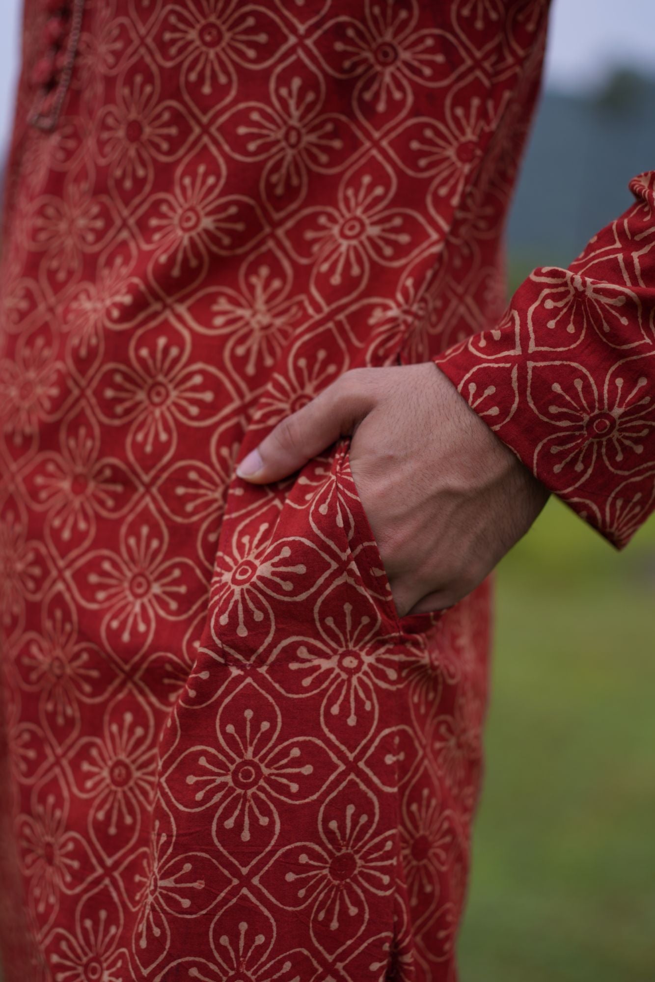 Hasttvam Red ajrakh with white butta mens kurta 